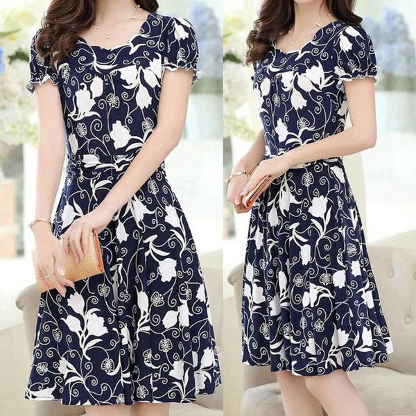 

vintage o-neck printing party dress women spring summer short sleeve dress plus size elegant casual knee length dresses -3xl, Black;gray