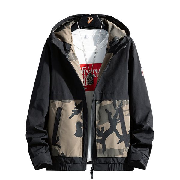 

jacket men sping autumn loose korean fashion hip hop big pockets hooded camouflage homme men jacket plus size m-4xl, Black;brown