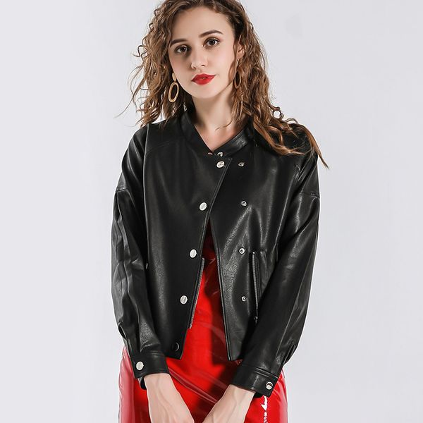 

new women spring autumn pu leather jacket casual slim soft moto jacket biker faux leather female coat basic streetwear, Black