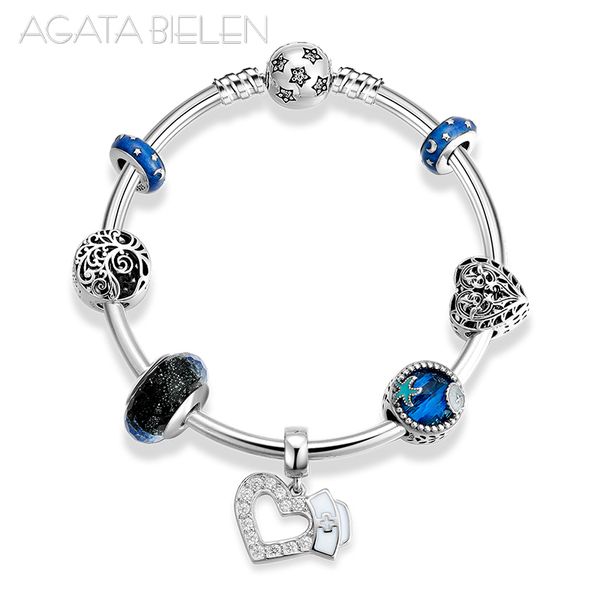 

925 sterling silver nurse with blue glass beads pendant charm bracelets finished product for fashion fine diy jewelry 2019, Black
