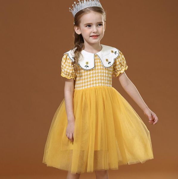 

розничная продажа 2020 летние детские девушки хлопок пледы вышивка сетки платье, принцесса дети сладкий желтый розовый одежда 4-8 т t200424, Red;yellow
