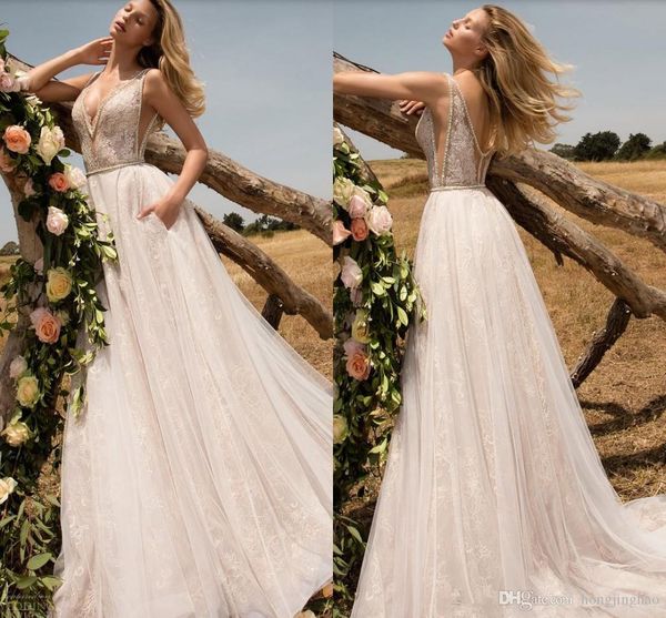 

champagne lace wedding tulle beaded appllique blackless gowns floor length sleeveless sweep train 2019 gown, White