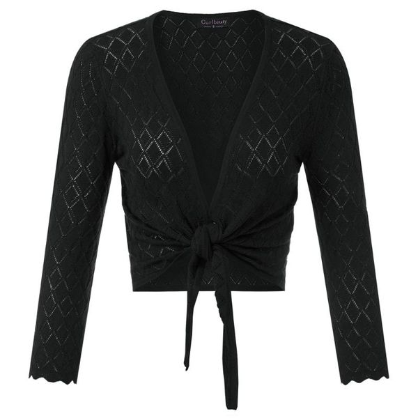 

open stitch coat women cropped knitwear shrug 3/4 sleeve tie front diamond pattern vintage cocktail party elegant bolero ladies, Black;brown