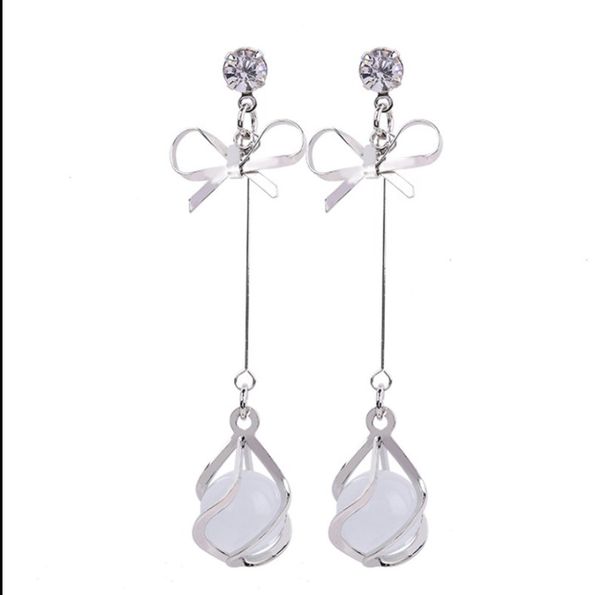 

korea simple wild small fresh bow tassel earrings influx of people opal earrings earrings temperament long section of female, Golden;silver