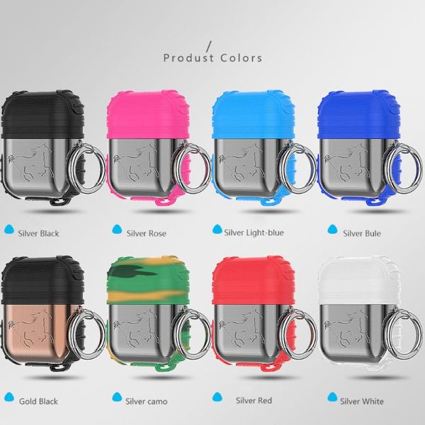 

For AirPods Protector 2 in 1 Silicone + Metal Horse Shockproof Cover Protective Case Shell Skin Sport Hook For AirPods Earphone Charging Box