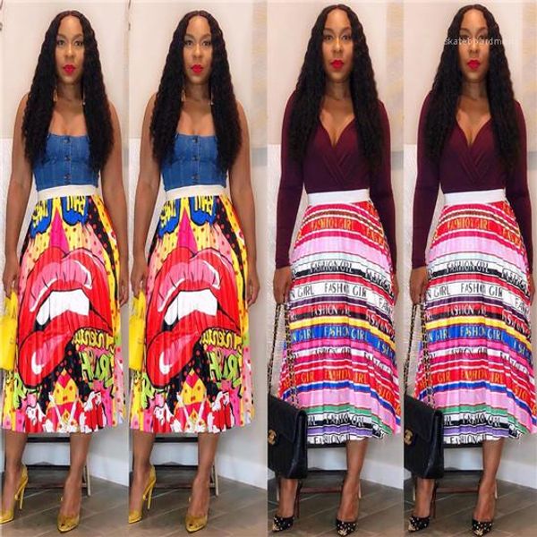 

lips letters printed skirts mid calf pleated spring summer designer ladies street style new dresses females fashion clothes womens red, Black