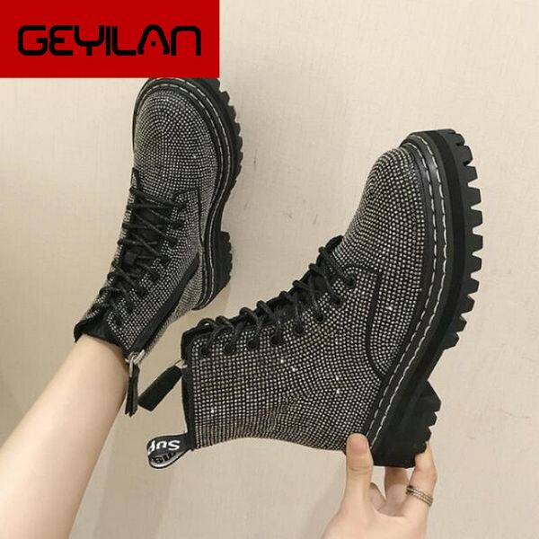

winter women pumps dress boots platform fashion rhinestone lace up round toe mid heels snow botas women shoes drop ship, Black