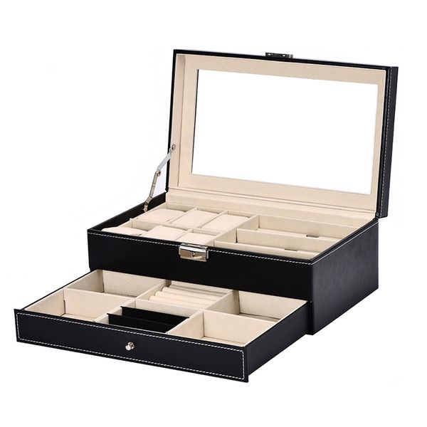 

double layer 6 + 3 grid watch glass holder pu leather watch box ring bracelet storage jewelry display, Black;blue