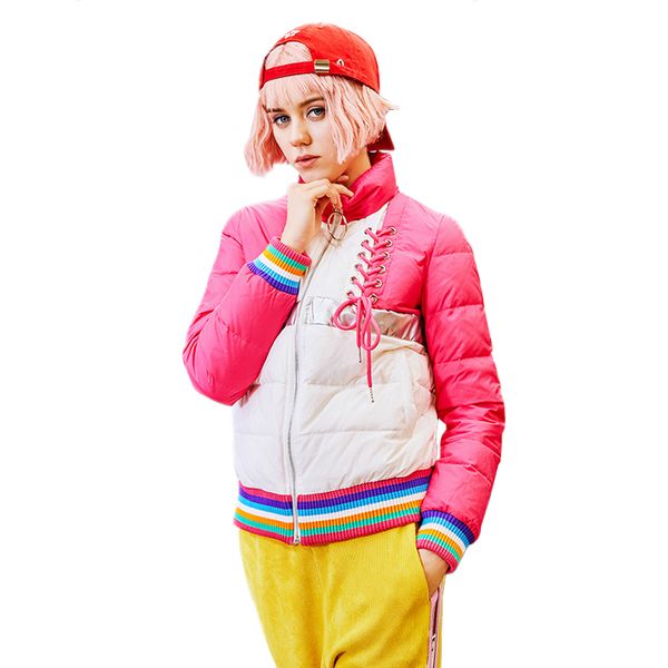 

winter 2019 female new stand collar down jacket ladies fashion hit color belt outerwear casual oversize long sleeve parka z948, Black