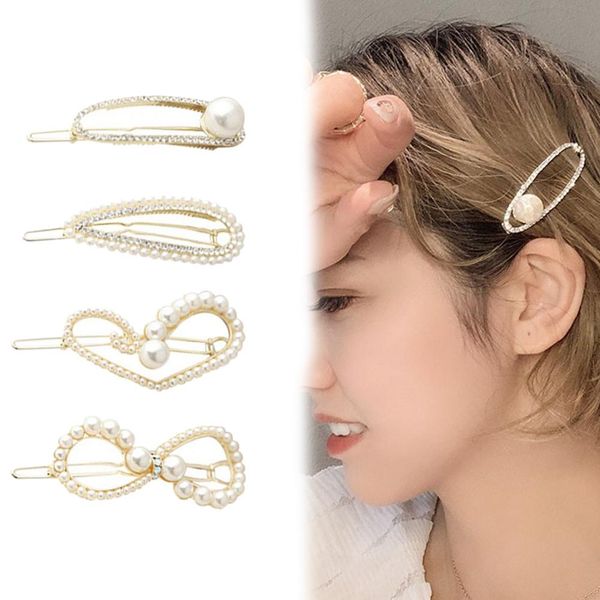 

fashion pearl hair clip for women elegant design heart star waterdrop bowknot hairpin elegant women faux pearl inlaid hair clip, Golden;white