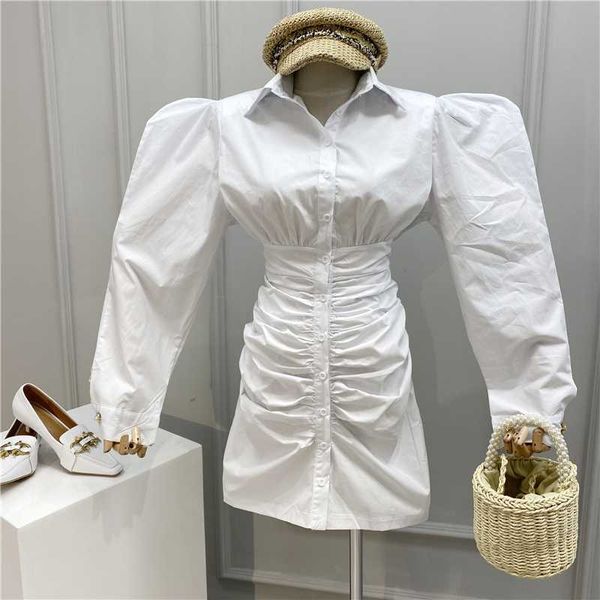

spring 2020 new product turn-down colla ruched bag hip striped shirt dress korea puff sleeve blue slim modern lady dresses t094, Black;gray