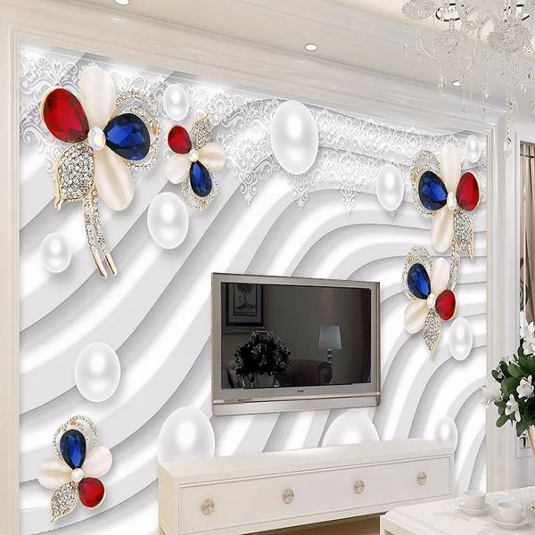 

custom large mural 3d wallpaper modern fashion creative flower luxury pearl gem flower white tv back wall decor 5d embossed