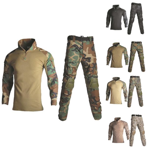 

camouflage uniform us army combat ghillie suit paintball tactical shirt + pants with knee elbow pads, Camo