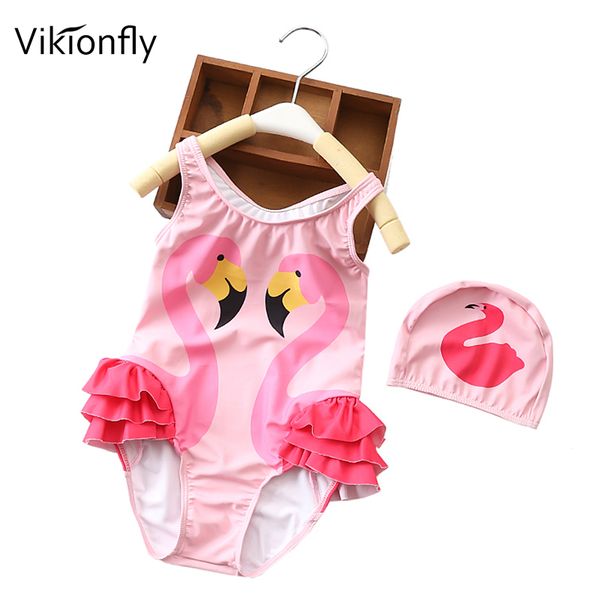 

vikionfly children's animal swimwear girls swimsuit one piece ruffle unicorn flamingo bathing suit beach pool swim suit with cap