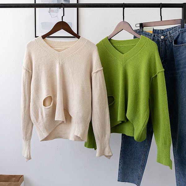 

women casual distressed v neck thick sweater korean style ladies knitted pullover jumpers autumn winter pull femme q9295, White;black