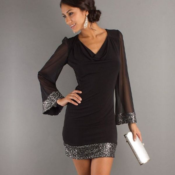 

women solid color dress casual v-neck sequined long sleeve stitching mini dress with sequin casual party 2019 dropshipping, Black;gray