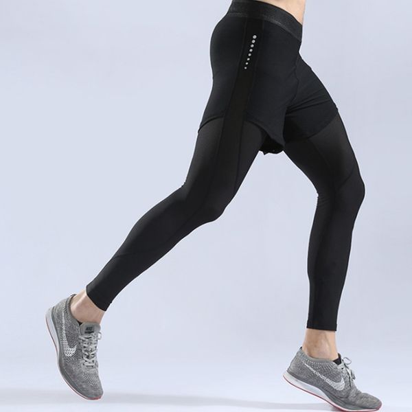 

running pants mens compression sports tights basketball gym bodybuilding jogging fitness skinny leggings trousers with shorts, Black;blue