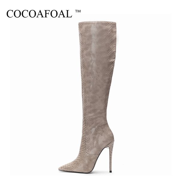 

cocoafoal slangenhuid patroon vrouwen hoge hak knie hoge laarzen vrouw mid-kalf schoenen mid-kalf laarzen wees teen straight, Black