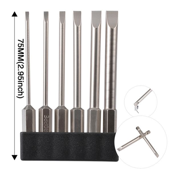 

6pcs/set 2.0-6.0mm flat head slotted tip screwdrivers bits 1/4" hex shank magnetic slotted screwdrivers bits 75mm s2 alloy steel