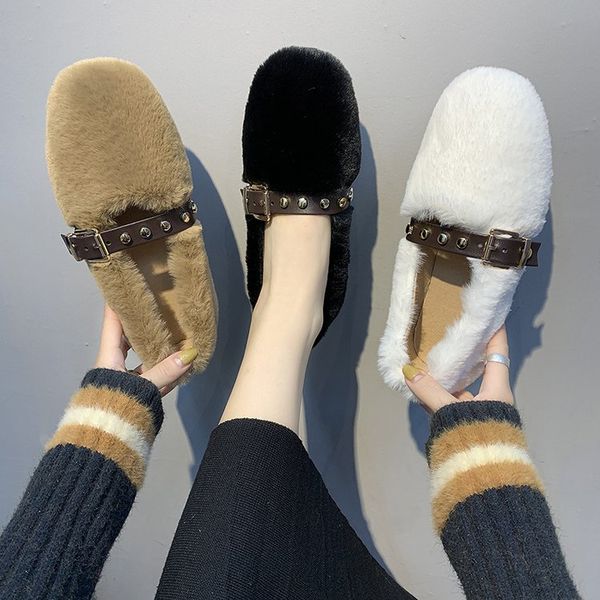 

korean shoes female footwear autumn casual sneaker loafers fur white sneakers women all-match women's moccasins square toe 2019, Black