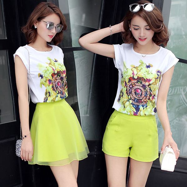 

fashion women two pieces set summer set short sleeve o-neck print shirt+mesh mini skirt female plus size 4xl shorts suit, White;black