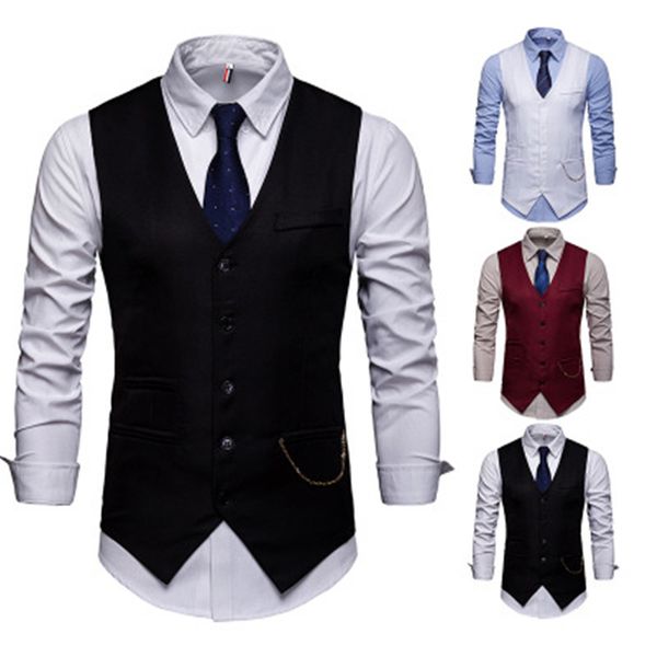 

mens slim fit single breasted suit vest 2020 fashion chain sleeveless waistcoat men formal wedding dress vests, Black;white