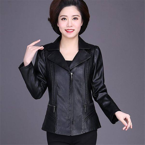 

slim autumn spring leather jacket women casual plus size -6xl long sleeve pu faux leather jackets women fashion 2019 ds50791, Black