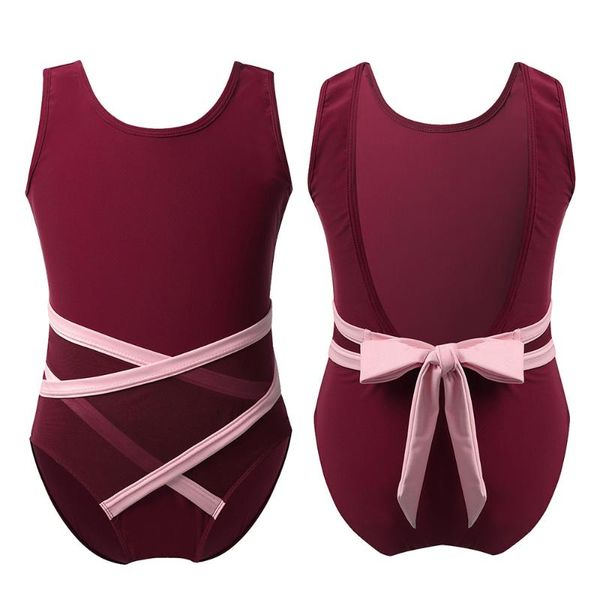 

kids sleeveless u-shaped back strappy waist ballet dancewear gymnastics leotards for girls child stage performance dance costume, Black;red