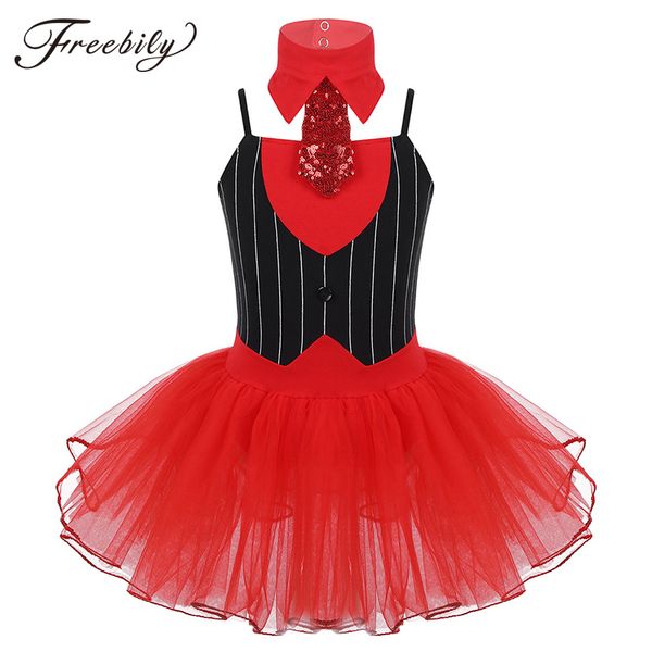 

stage wear girls jazz dance costume christmas spaghetti shoulder straps striped bodice ballet gymnastics leotard mesh tutu dress, Black;red