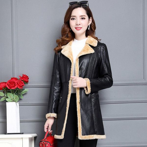 

2019 new winter women pu leather coat thicken warm jacket faux leather jacket female slim plush fake suede overcoat parkas k308, Black