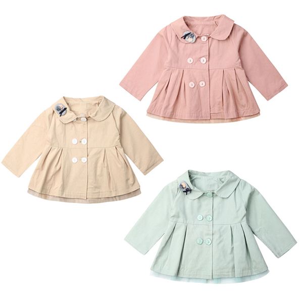 

focusnorm embroidered turn-down collar trench baby girl fashion long sleeve solid cute patchwork lace coat for girl 0-4 years, Blue;gray