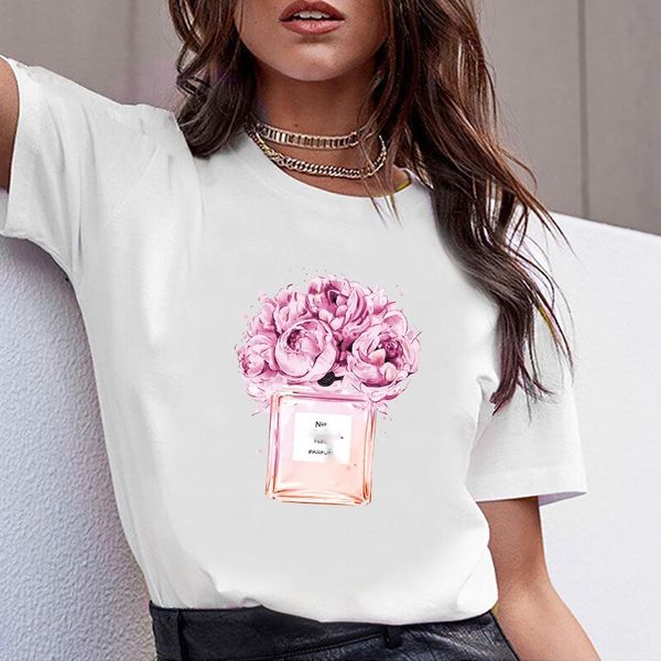

2020 perfume bottle perfume bottle flower printing short-sleeved round collar ladies t-shirt t-shirt top, White