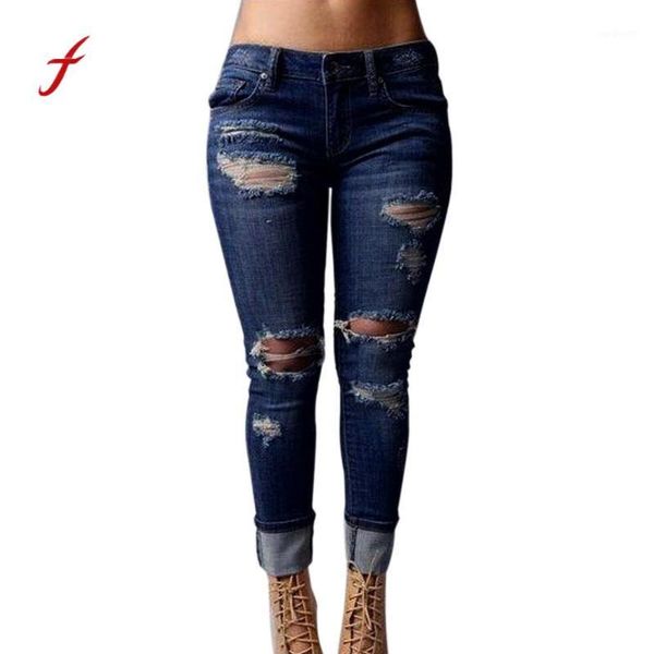 

feitong 2017 women skinny jeans ripped holes denim pants high waist stretch slim destroyed knee pencil jeans female trousers1, Blue