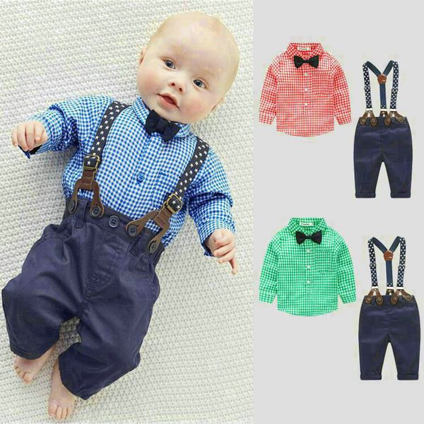 Set per neonato Abbigliamento per neonato Abito da gentiluomo Camicia a quadri Papillon Sospendi Pantaloni 2 pezzi Abiti per bambini Set di vestiti