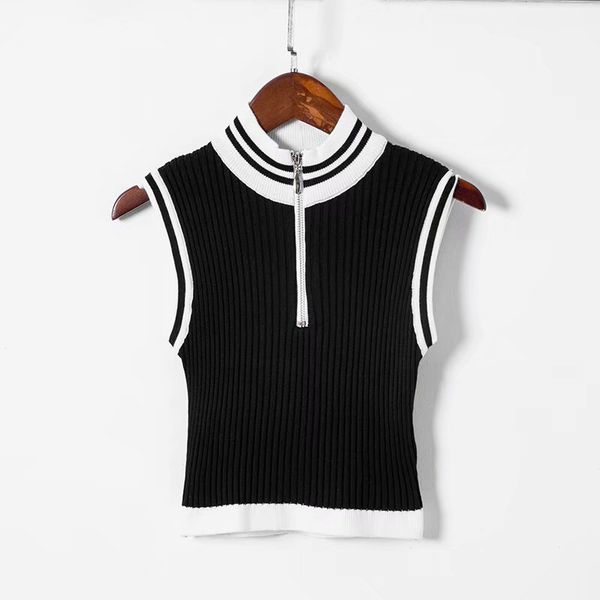 

europe and america short navel stand collar zipper sleeveless vest outer wear summer tight chest emphasizing contrast color bind, Black;white