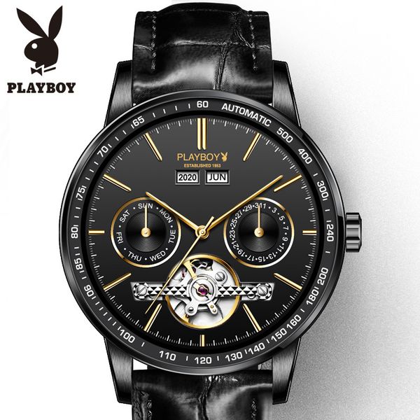 

european and american popular brand playboy watch wholesale multi-function mechanical watch genuine leather strap waterproof watch mens watc, Slivery;brown