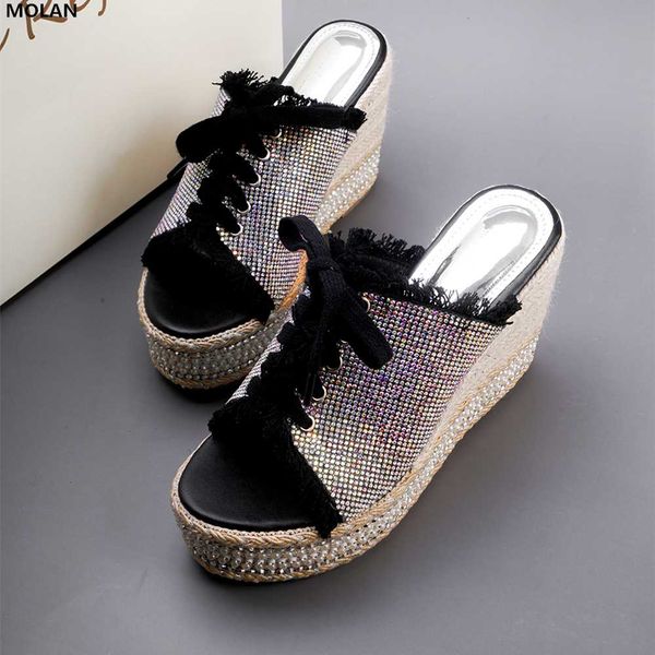 

molan designers 2019 summer new bling crystal wedges platform lace up high heels 10cm lady pumps slip on loafes mules, Black