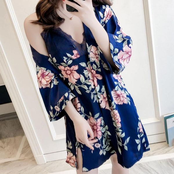 

print flower nightdress sleepwear nightgown satin lady kimono bathrobe gown bridal wedding gift silky nighty&robe nightwear, Black;red