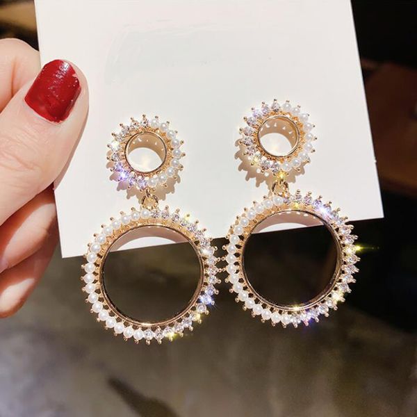 

shining rhinestone geometric drop earrings for women girls 2019 pearl bijoux gold round dangle earring party jewelry gift, Silver