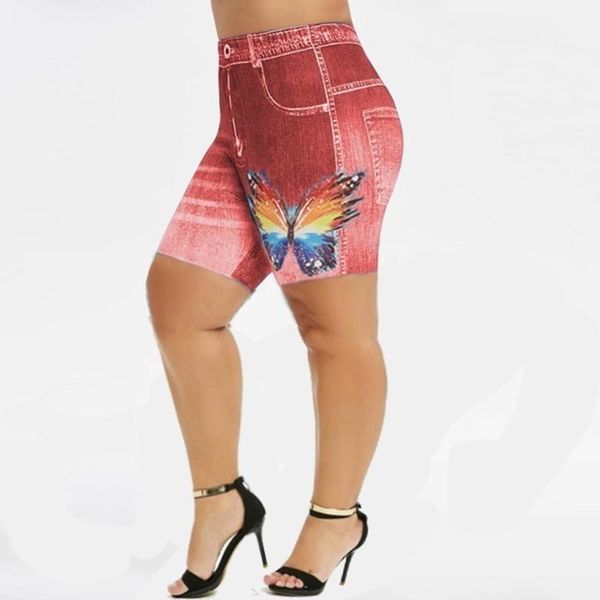 

high waist denim shorts women summer 3d print butterfly jeans plus size compression shorts femme push up skinny denim, White;red