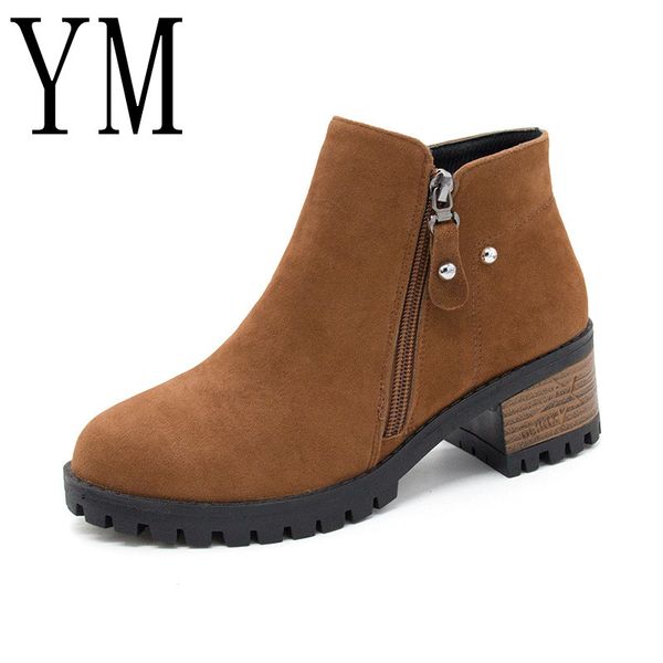 

womens boots autumn winter fashion chunky heels ladies shoes woman flock ankle boots for women zipper botas mujer, Black
