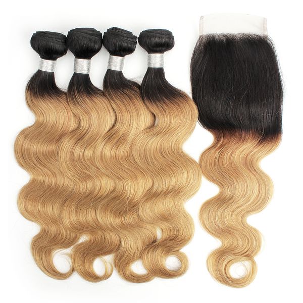

kisshair t1b27 dark root honey blonde extensions body wave ombre human hair weave 4 bundles with lace closure colored brazilian virgin hair, Black;brown