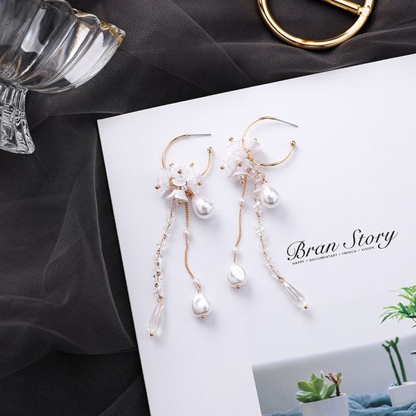 

baroque crystal earring simulated pearl flower tassel jewelry for women pendientes korean brincos statement lace dangle earring, Silver