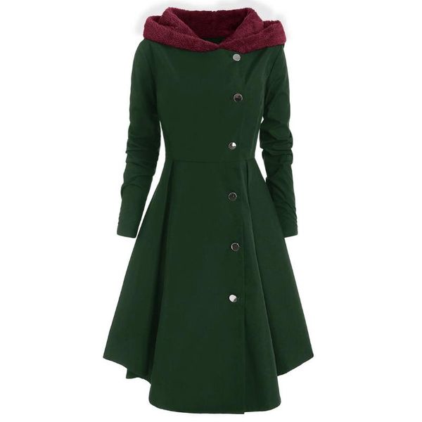 

high waist casual long women coat button hooded warm thicken vintage solid soft slim daily shopping, Tan;black