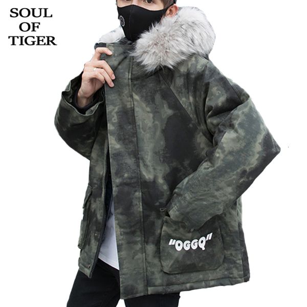 

soul of tiger 2019 korean brand fashion mens vintage camouflage parkas male loose hooded jackets winter warm padded thick coats, Black