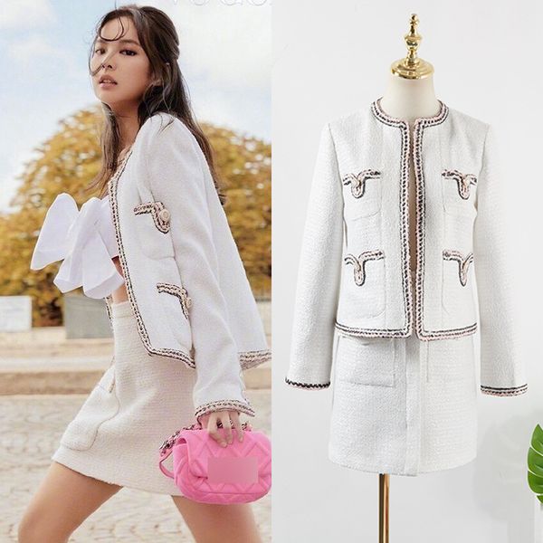 

kpop blackpink jennie autumn new fashion loose elegant woolen jacket coat+button high waist mini skirts women two piece set, White