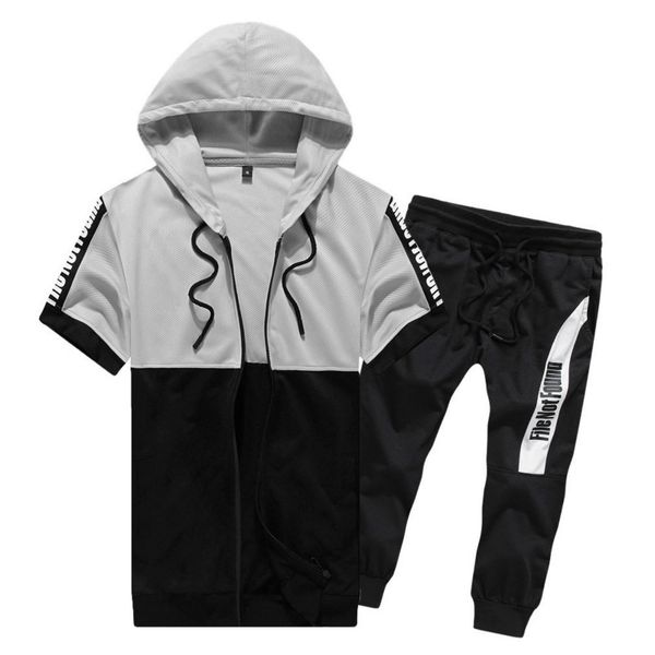 

лето tracksuit с коротким рукавом 2 шт комплект джемпер на молнии толстовка футболка печать письмо брюки спорт мужчины беговая повседневная, Gray