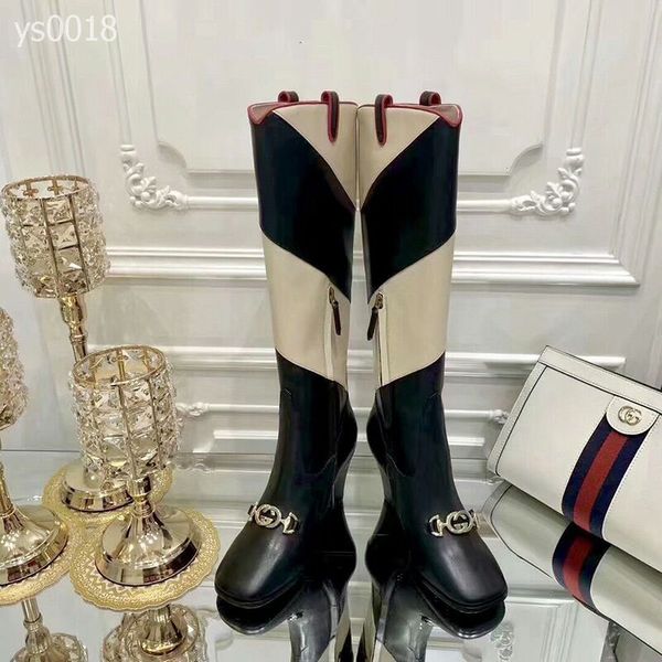 

luxurys autumn and winter europe and america knee-high custom boots high-heeled square head color matching leather knight boots, Black