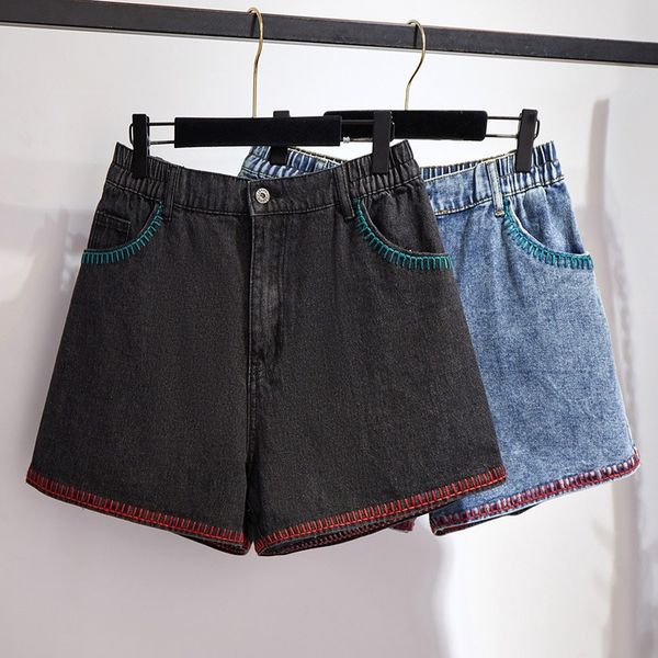 

women's shorts 5xl 6xl women summer plus size denim jeans embroidery girl straight loose casual short jc164, White;black