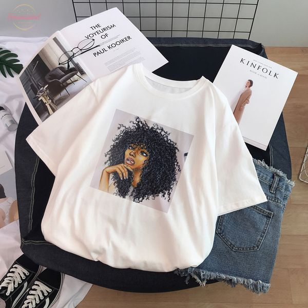 

ulzzang harajuku spoof black girl hood short sleeved t shirt summer new fashion loose print funny street o neck casual female t, White